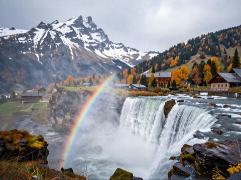  Dolomites Waterfall Rainbow Autumn Snow 