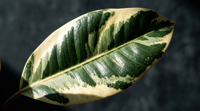 Close up of a single variegated rubber plant leaf with cream and deep green patterns
