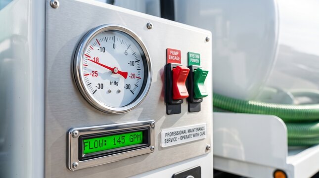 Professional maintenance equipment control panel displaying vacuum pressure, fluid flow, and operational system power