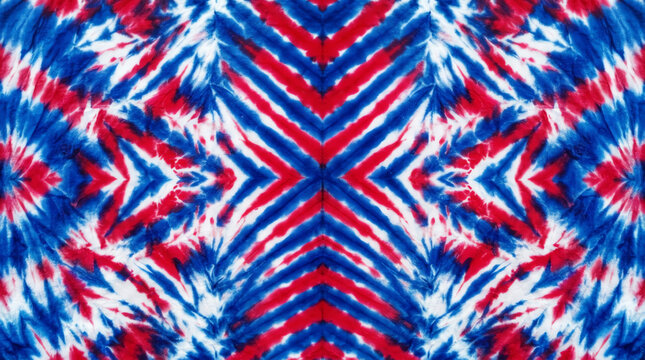 Red white and blue tie dye textile pattern with symmetrical design