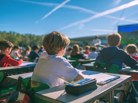 Outdoor classroom setting with young students attentively learning at desks under a bright blue sky.