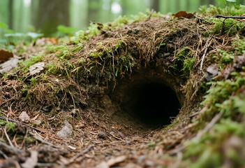 Fototapeta premium Wildlife habitat and biodiversity, animal burrow entrance in a forest floor with moss and soil for environmental conservation and nature research projects