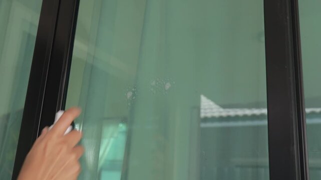 Hand spraying cleaner and wiping a glass window with a cloth
