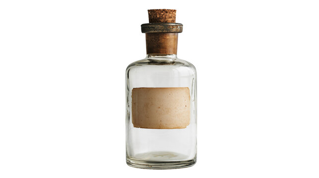 Vintage glass apothecary bottle with a cork stopper isolated on transparent background