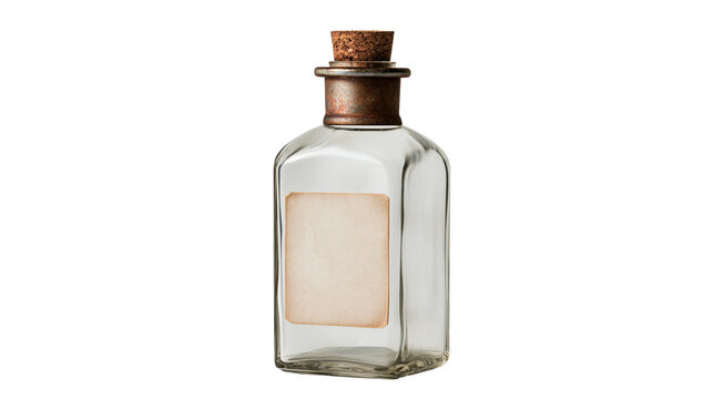 Vintage empty glass bottle with a cork stopper and a blank paper label isolated on transparent background