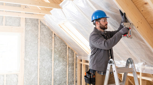 Skilled construction worker installing vapor barrier to protect attic insulation in new home build