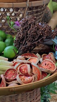 Fruits, vegetables and herbs in the basket. Dried Bael Fruit.
