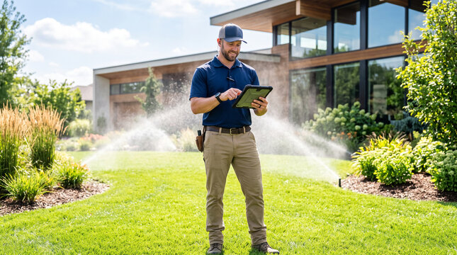 Smiling irrigation specialist manages smart lawn watering with a digital tablet at a modern home