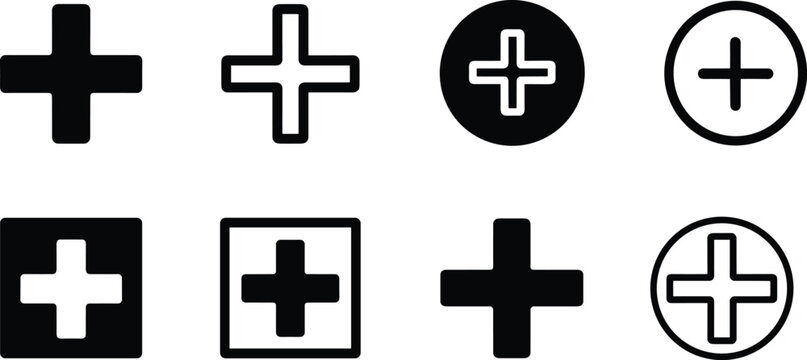 Plus sign icon set vector illustration with black outline and solid filled cross symbols isolated on white background