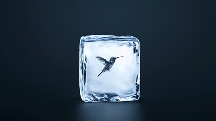 Fototapeta premium Hummingbird frozen inside a clear ice cube representing preservation and suspended animation
