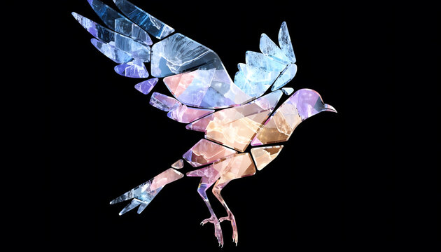 Flying bird formed from shattered crystalline glass shards. Freedom inspiration and modern geometric art concept. Luminous gemstone hummingbird soaring upward against plain black backdrop