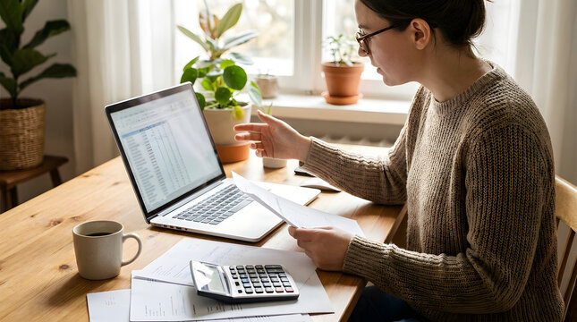 Woman working on laptop and checking financial documents at home office