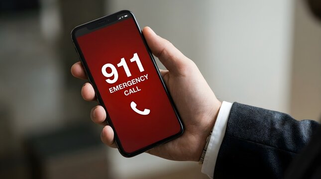 A Close-Up View of a Person Holding a Smartphone Displaying an Emergency 911 Call Interface Screen for Urgent Assistance Requests