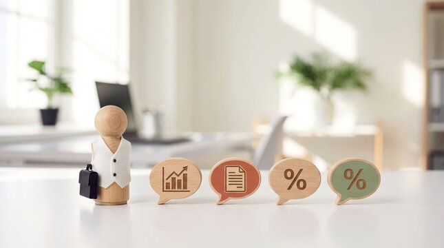 Wooden business figure holding a briefcase standing beside speech bubbles with financial charts and percentage icons