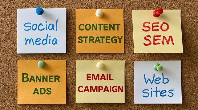 Digital Marketing Concepts Pinned on Corkboard: Social Media, Content Strategy, SEO, SEM, Banner Ads, Email Campaigns, and Websites