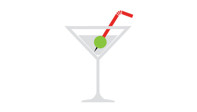 Classic martini cocktail glass with a green olive on a toothpick and a red straw in a clean flat illustration.