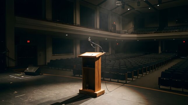 Empty wooden podium on a dimly lit auditorium stage ready for a speaker or presentation