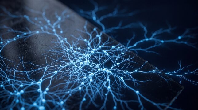 Neural network glowing blue synpases microscopic neurons interconnected within abstract digital science technology background