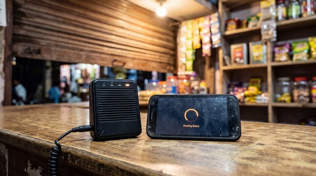 Digital payment machine and smartphone displaying pending status on wooden counter inside retail store