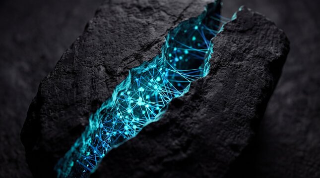 Glowing blue neural network connection glowing inside a cracked dark stone boulder digital illustration
