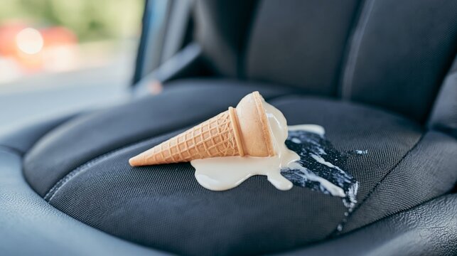 Vanilla ice cream cone melting on a black car seat, creating a messy spill and potential stain