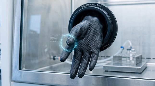 Industrial glovebox isolator with robotic arm operating inside a sterile pharmaceutical manufacturing cleanroom laboratory environment
