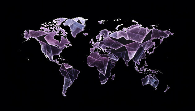 Low poly digital world map with glowing geometric facets. International network security and global cyberspace. Crystalline polygonal earth visualization spanning dark cyberspace