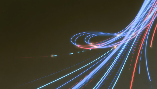 Glowing curved optical fiber light trails and energy beams. High speed fiber optic internet and telecommunication. Streaming data particles traveling along curved illuminated lines