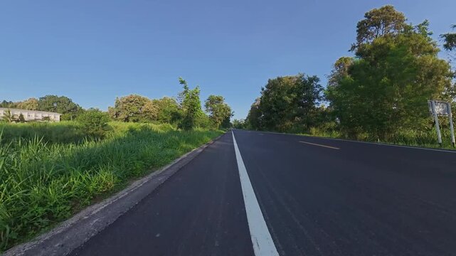 Cyclist shadow stretching across a scenic rural road, with lush green trees, clear blue sky and warm sunlight creating a peaceful countryside cycling scene.