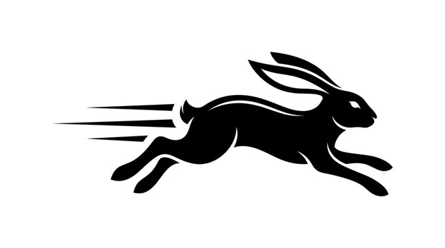Fast running black rabbit silhouette with dynamic speed lines showcasing energetic movement