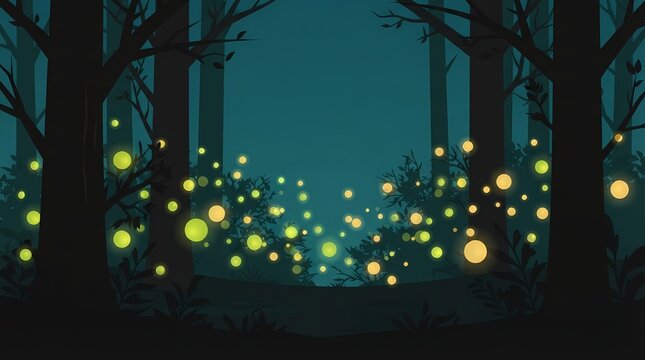 Fireflies glowing in dark woods vector illustration for magical fantasy backgrounds and web design