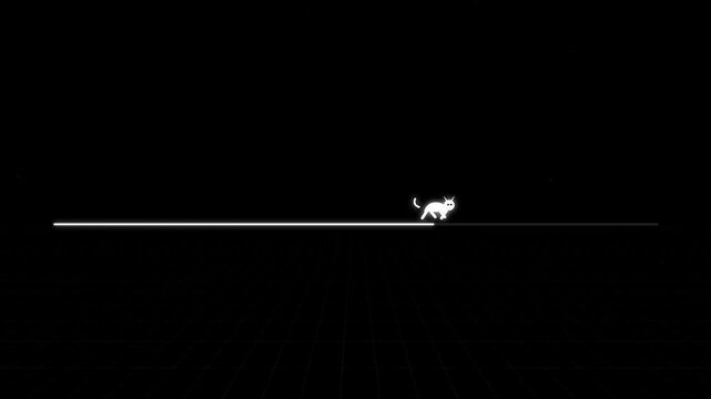 Minimalist White Cat Silhouette Walking Along a Progressive Loading Line on a Stark Black Background
