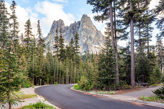 Park path with a view of the Liberty Bell Mountain in North Cascades National Park, Washington	
