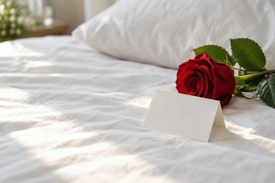 Red rose with blank greeting card on white bed linen in soft morning light, romantic surprise, love concept, nobody