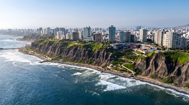 Pacific Promenade: Elevated View of Miraflores, Costa Verde Cliffs, and the Lima Skyline