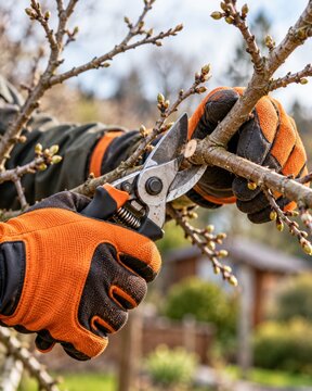 Close-up of gloved hands using professional pruning shears to cut a budding tree branch in spring, representing gardening, horticulture, tree care, seasonal maintenance and outdoor work.