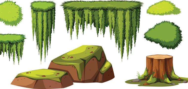 Set of mossy green cartoon nature elements with hanging moss platforms, moss covered rocks, bushes and tree stump, forest game asset vector illustration