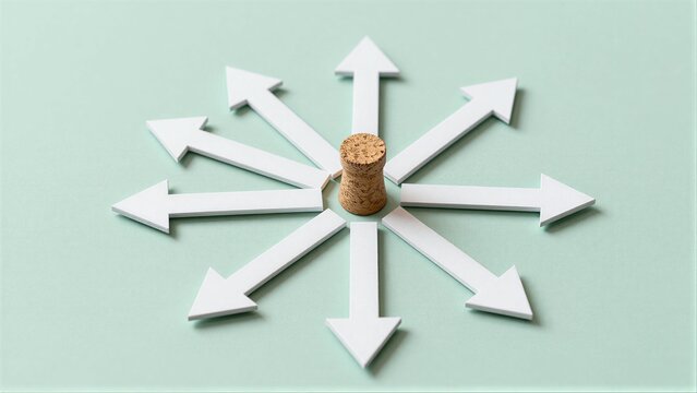 Cork stoppers arrows pointing outward, symbolizing choices or directions.