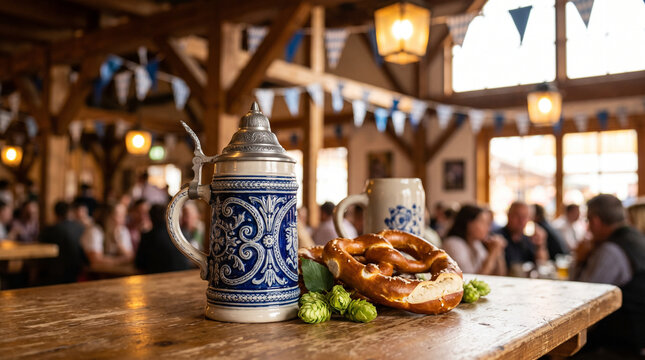 Oktoberfest patterned drinking glasses with pretzel and beer steins  