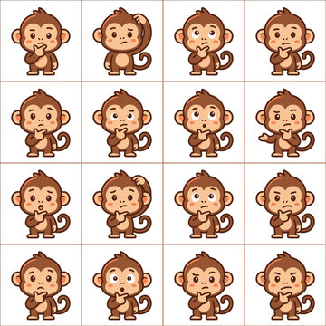 Set of cute cartoon monkey character expressions thinking and pondering.