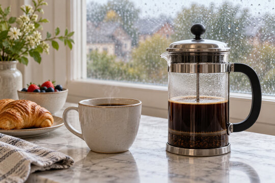 Kaffee aus der Stempelkanne am regnerischen Fenster