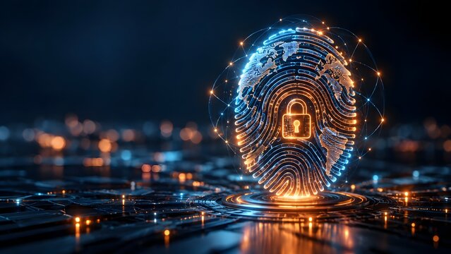 Glowing digital fingerprint integrated with a world map and security lock representing global biometric authentication.
