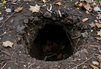 Fototapeta premium Wildlife habitat and nature conservation, deep dark animal burrow entrance in forest ground with autumn leaves and soil texture for environmental research