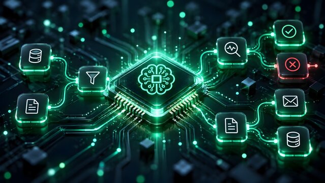 Glowing green microchip processing data flows toward success and failure validation icons representing automated logic.