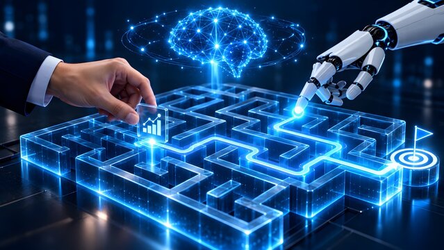 Human and robotic hand navigating a glowing digital maze with a business growth icon and holographic brain.