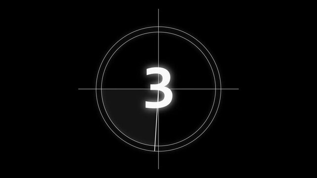 Classic film countdown 5 animation leader with glowing elements on black background