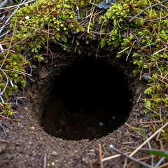 Fototapeta premium Wildlife habitat and animal burrow, dark hole in forest ground with moss and pine needles for nature conservation and biodiversity research in wilderness