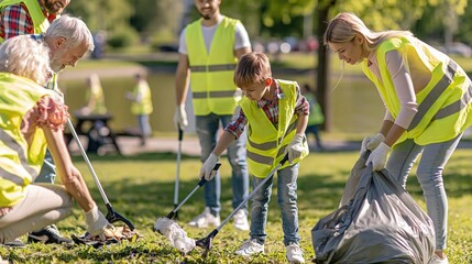 Fototapeta premium Diverse group of volunteers, including children and seniors, cleaning a park and collecting trash in reflective vests