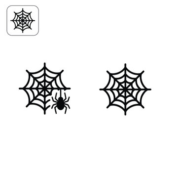 Spider Web Icon Set with Hanging Spider Silhouette, Minimalist
