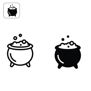 Witch Cauldron Icon Set with Bubbling Potion Liquid, Flat
